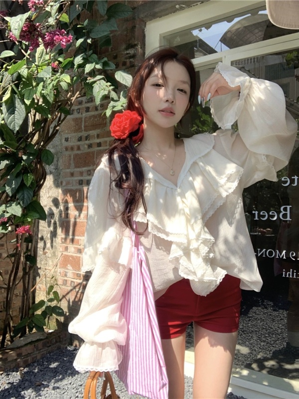 패션세트 여성 프렌치 브이넥 프릴 블라우스 봄여름 수M-STYLE 